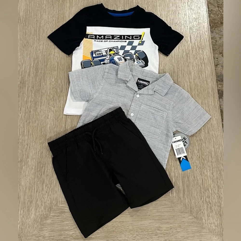 Tony Hawk. Kids Grey Striped Short-Sleeve ButtonUp w/ T-shirt & Shorts Set